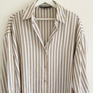 Zara Oversized Satin Striped Long Sleeve Blouse